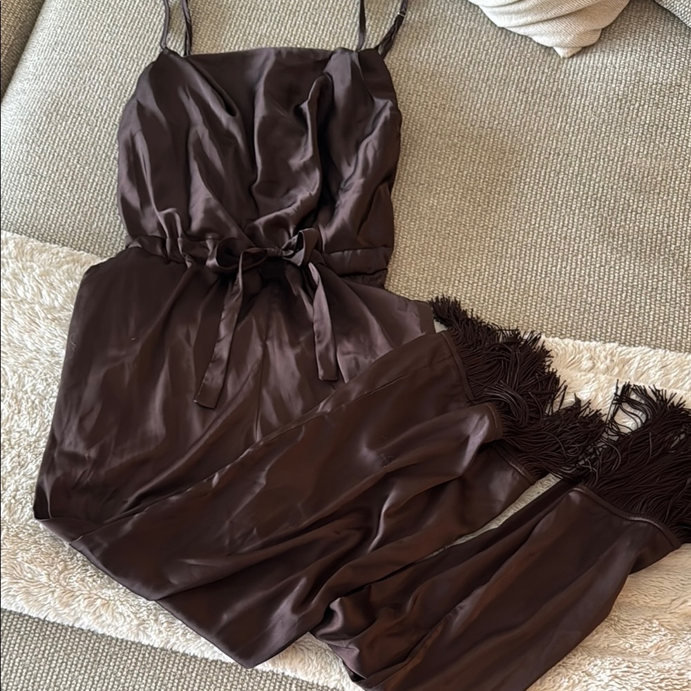 Kittenish Chocolate Brown Satin Jumpsuit with Fringe Hem